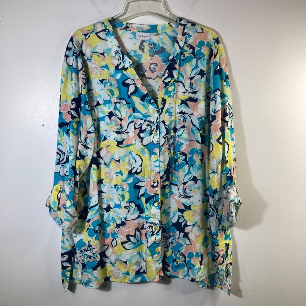 Womens Kim Rogers Curvy Linen Blend Floral Button Shirt Roll Sleeve 2/3X